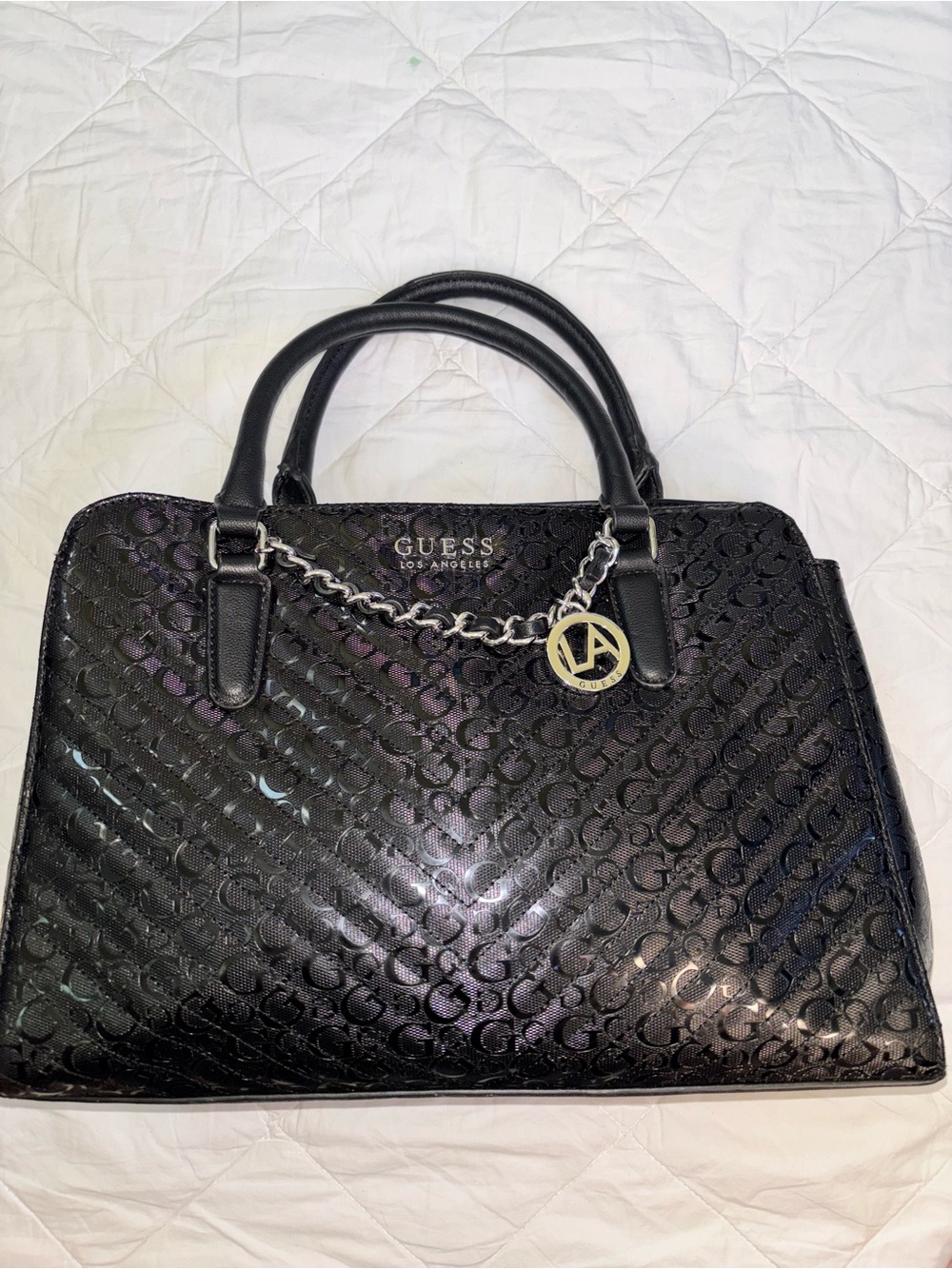 GUESS Black Glossy Monogram Satchel with Silver Chain Charm